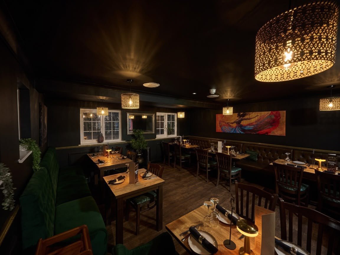 Cosy dining area with pendant lights